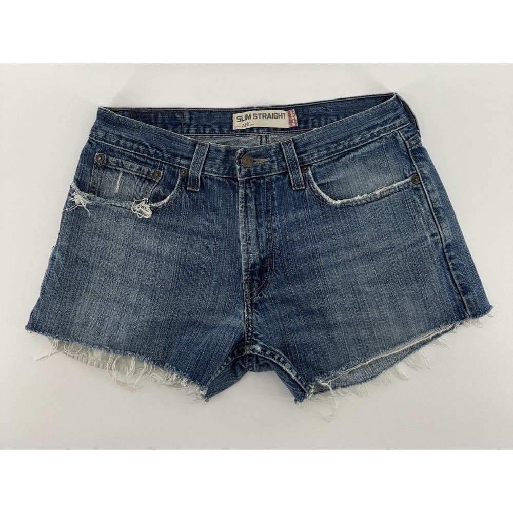 Levi's 514 Women's Slim High Rise Cut Off Blue Denim Shorts Distressed Size 32W